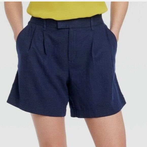 NWT Women's High-Rise Tailored Linen Shorts - A New Day Navy Blue - Picture 1 of 3